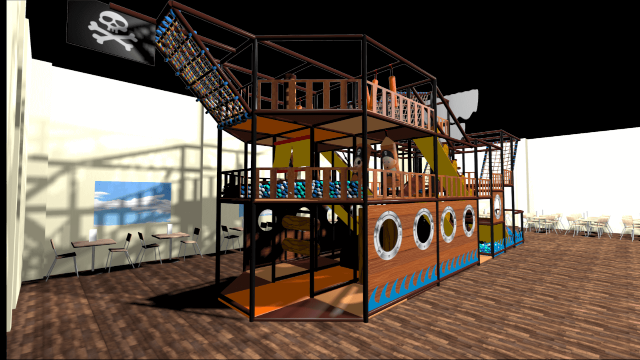 Multi level pirate ship climbing nets in Barcelona café, maximizing vertical space for indoor playgrounds