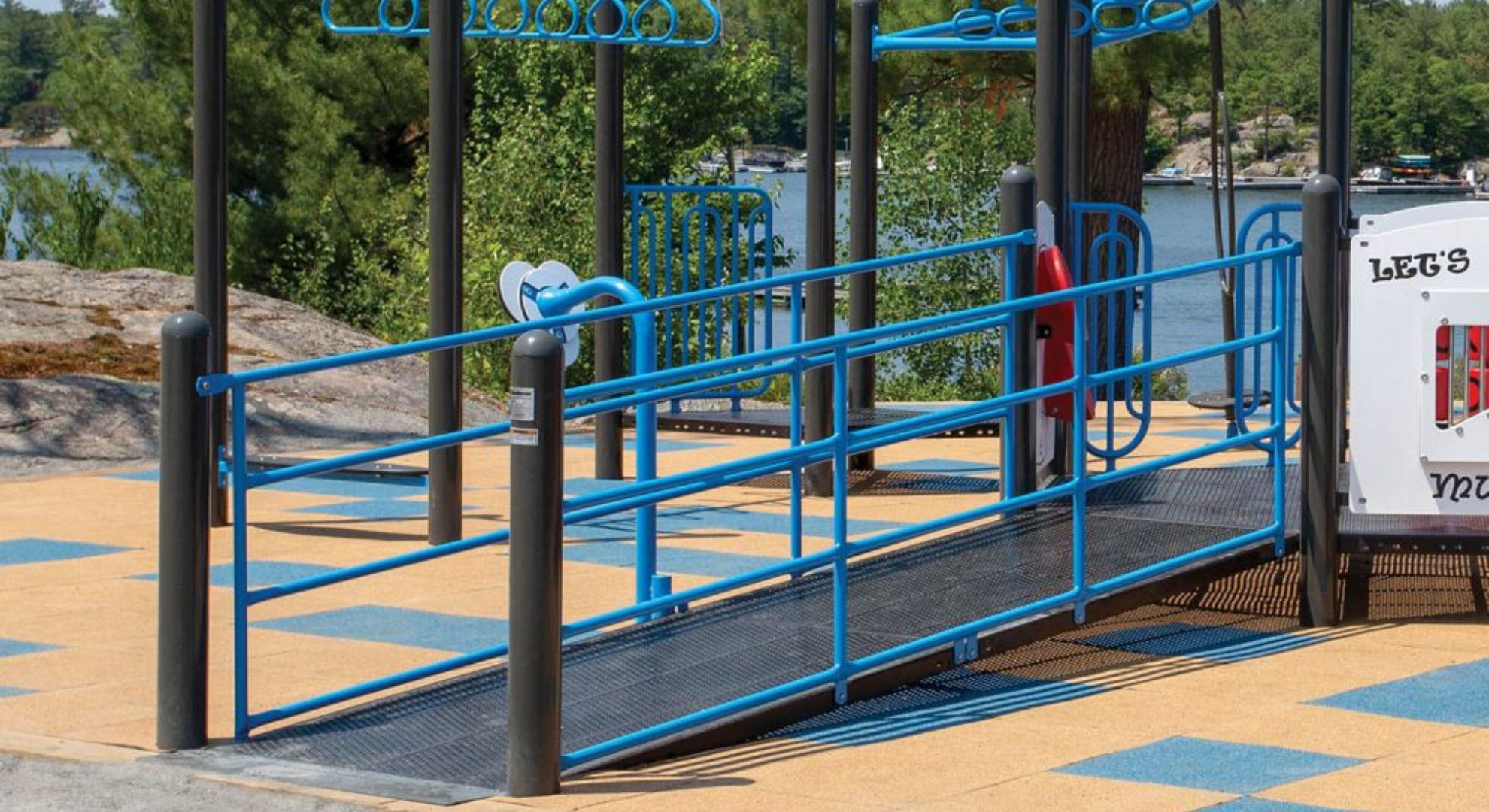 Wheelchair accessible ramps with ASTM F1487 safety railings