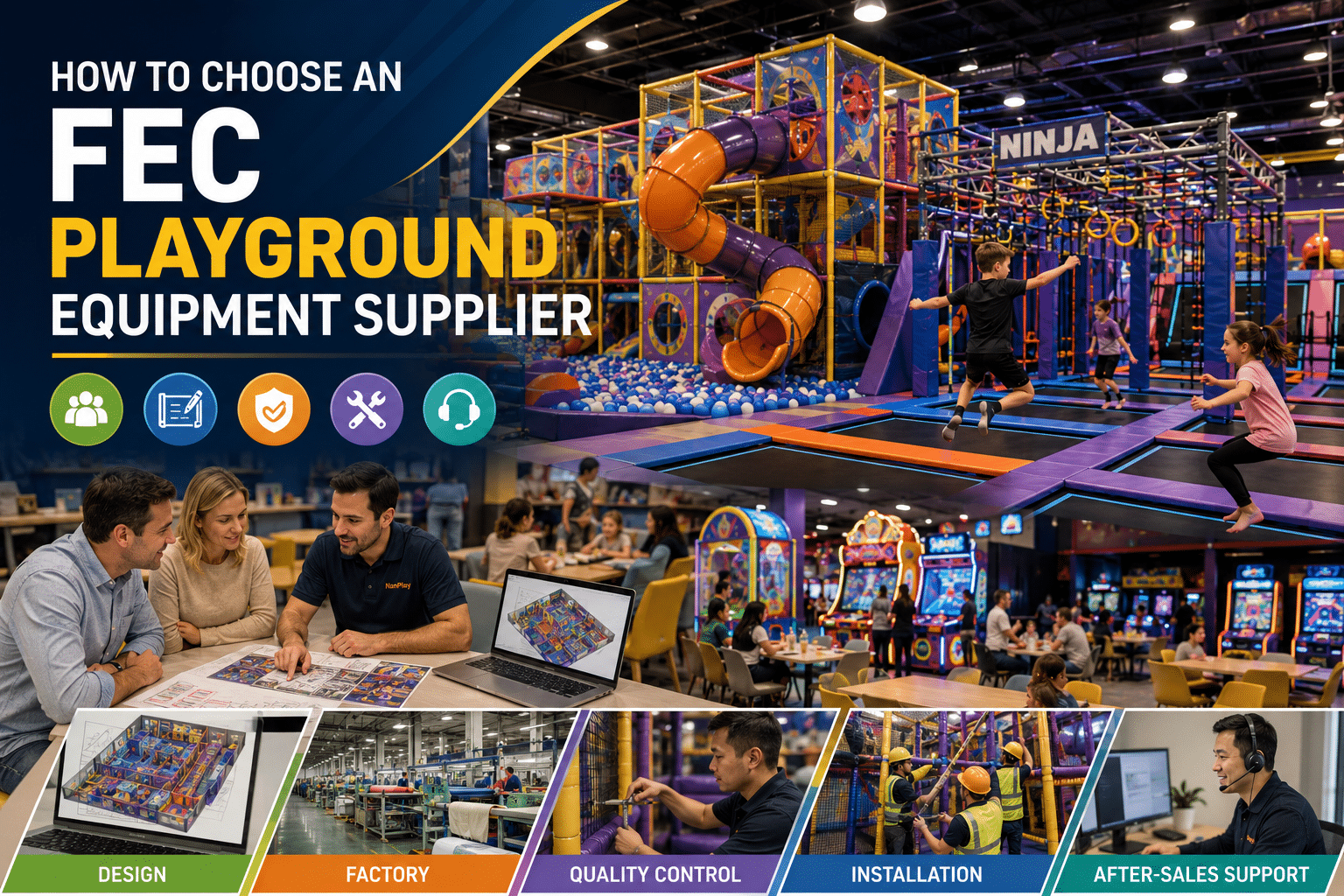 How to Choose an FEC Playground Equipment Supplier 1 FEC playground equipment supplier meeting with buyers, showing indoor playground design, factory production, quality control, installation, and after-sales support